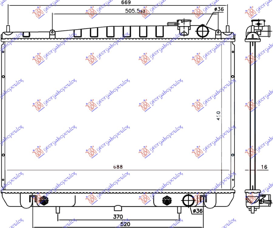 HLADNJAK MOTORA BENZIN 2.4i 16V (AUTO) (45x68.6x1.6) (KOYO) NISSAN P/U 2WD-4WD 1998-2001 (D22)