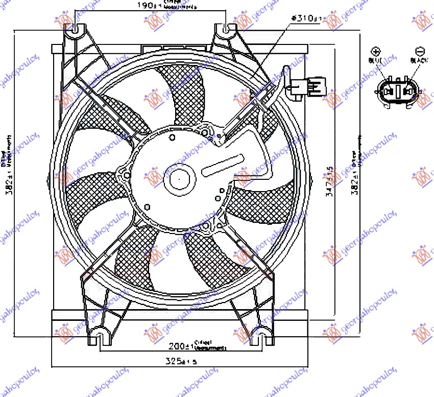 VENTILATOR KLIME KOMPLET (BENZIN) (310mm) (2 PIN) HYUNDAI ACCENT H/B-L/B 2003-2005 (LC)