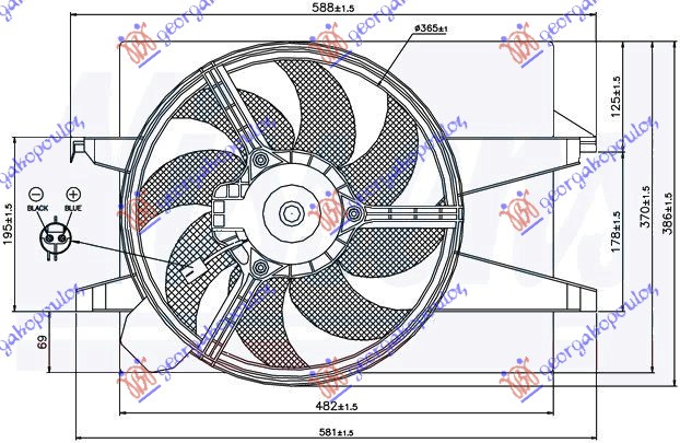 VENTILATOR KOMPLET (BENZIN/DIZEL) (+AC) (DUGULJASTI KONEKTOR) MAZDA 2 2003-2007 (DY)