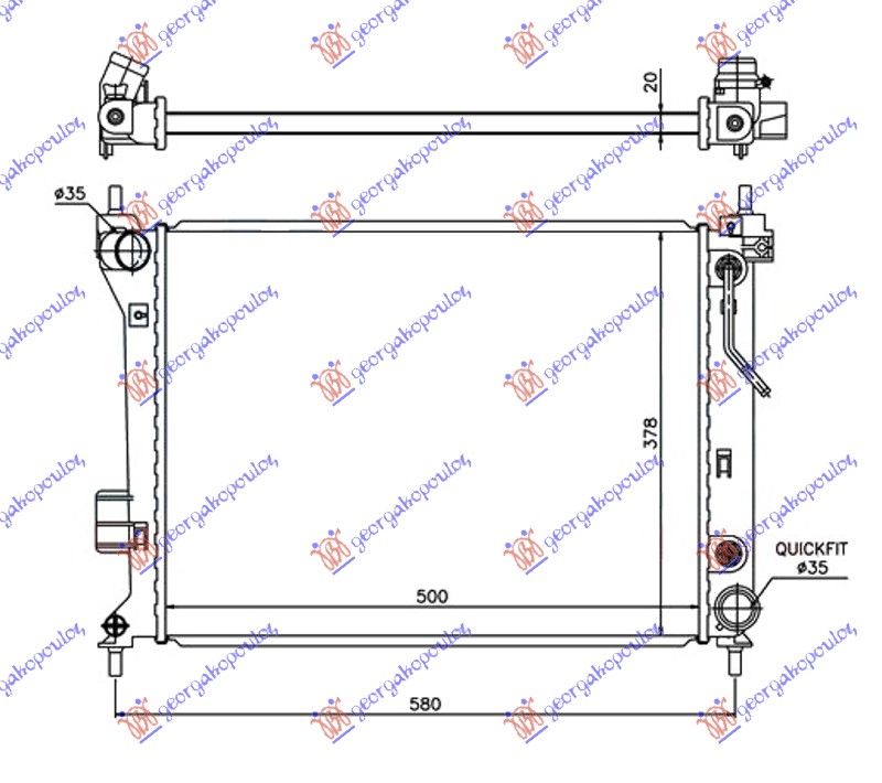 HLADNJAK MOTORA 1.2/1.4/1.6i BENZIN (AUTO) (500x380x26) (VALEO) HYUNDAI i20 I 2008-2012 (IB/GB/PB/PBT)