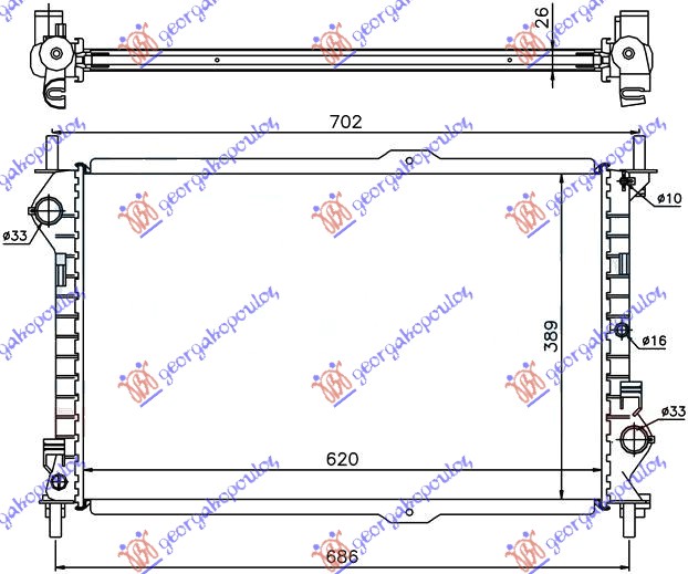 HLADNJAK MOTORA 1.8 BENZIN / 1.8 TDCI (+/-AC) (620x389x26) FORD TRANSIT CONNECT 2003-2010 (P64/P70/P80)