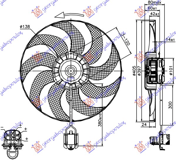 VENTILATOR (MOTOR+ELISA) (1.4/1.6/1.8 TURBO) (400mm) (4 PIN) OPEL CASCADA 2013- (W13)