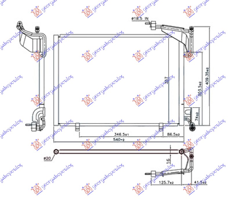 HLADNJAK KLIME 1.0 12v TURBO EcoBoost (540x350x16) 18/18mm FORD TRANSIT/TOURNEO COURIER 2013-2023