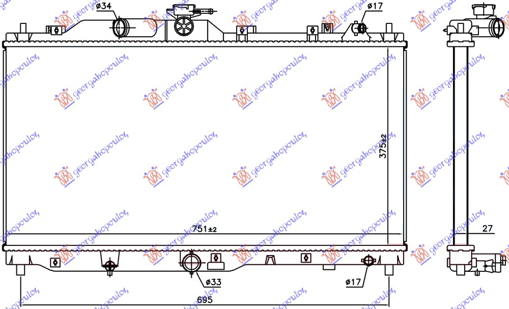 HLADNJAK MOTORA 1.5 D DIZEL (375x741x27) (KOYO) MAZDA 2 2014-2020 (DL/DJ)