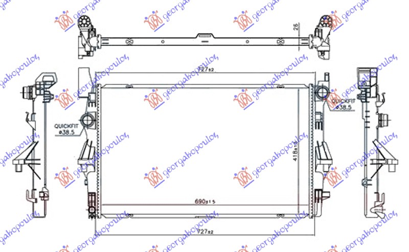 HLADNJAK MOTORA 1.6 (109/111 CDI) (+AC) (690x418x26) (NOSACI NA SREDINI) MERCEDES VITO 2015- (W447)