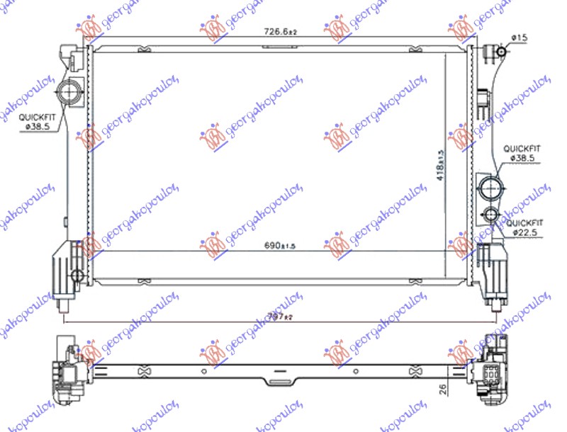 HLADNJAK MOTORA 2.2 (114/116/119 CDI/BLUETEC) (690x418x26) (NOSACI DOLE) MERCEDES VITO 2015- (W447)