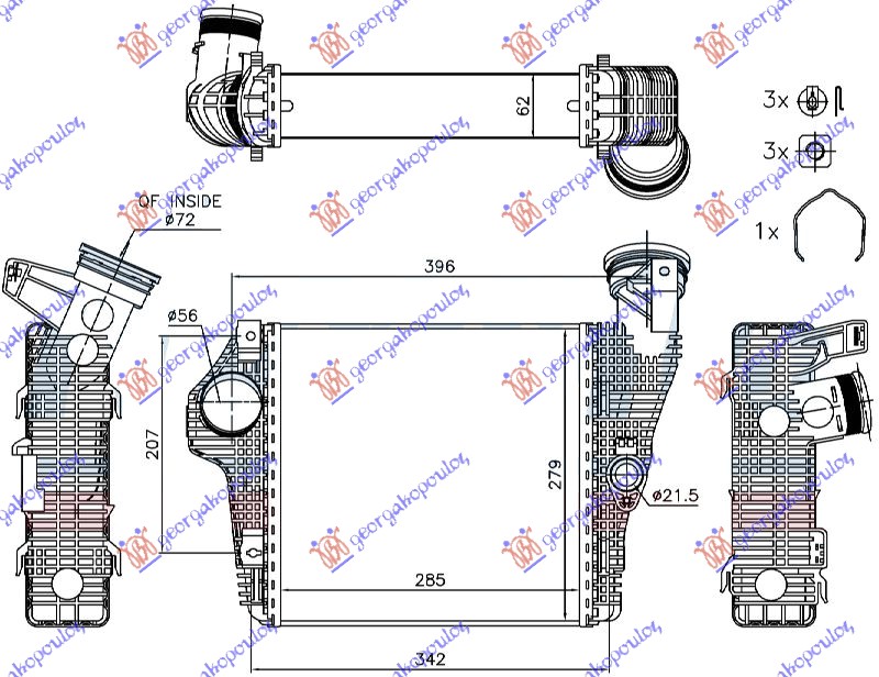 HLADNJAK INTERKULERA 3.0-3.6 BENZIN (285x279x62) PORSCHE MACAN 2014-2018 (95B)