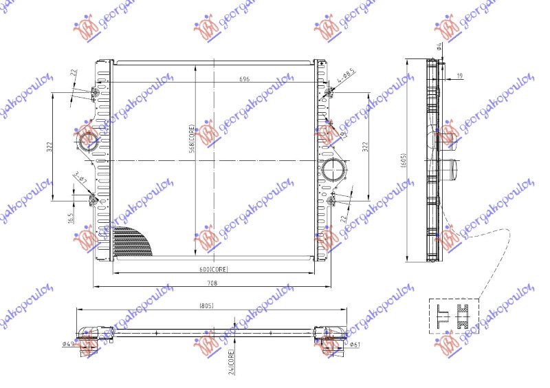 HLADNJAK INTERKULERA 2.8 DIZEL (600x568x24) TOYOTA LAND CRUISER PRADO 150 2013-2017 (J15)